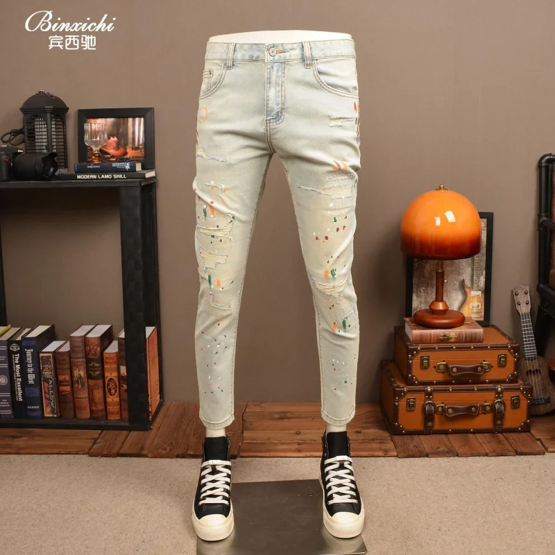 Men's Summer Denim Pants, Thin and Light, Vintage Style, Washed with Torn Paint Effect and Patches, Stretch Slim Skinny, Versati