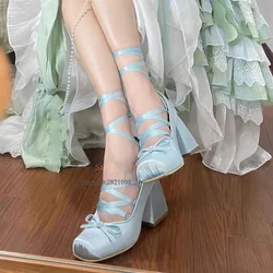 Ballerina Heels Pink Toes Smooth Silk Cross Tied Lace Up Pumps Abnormal Chunky Heels Women Lolita Pumps High Heel Shoes