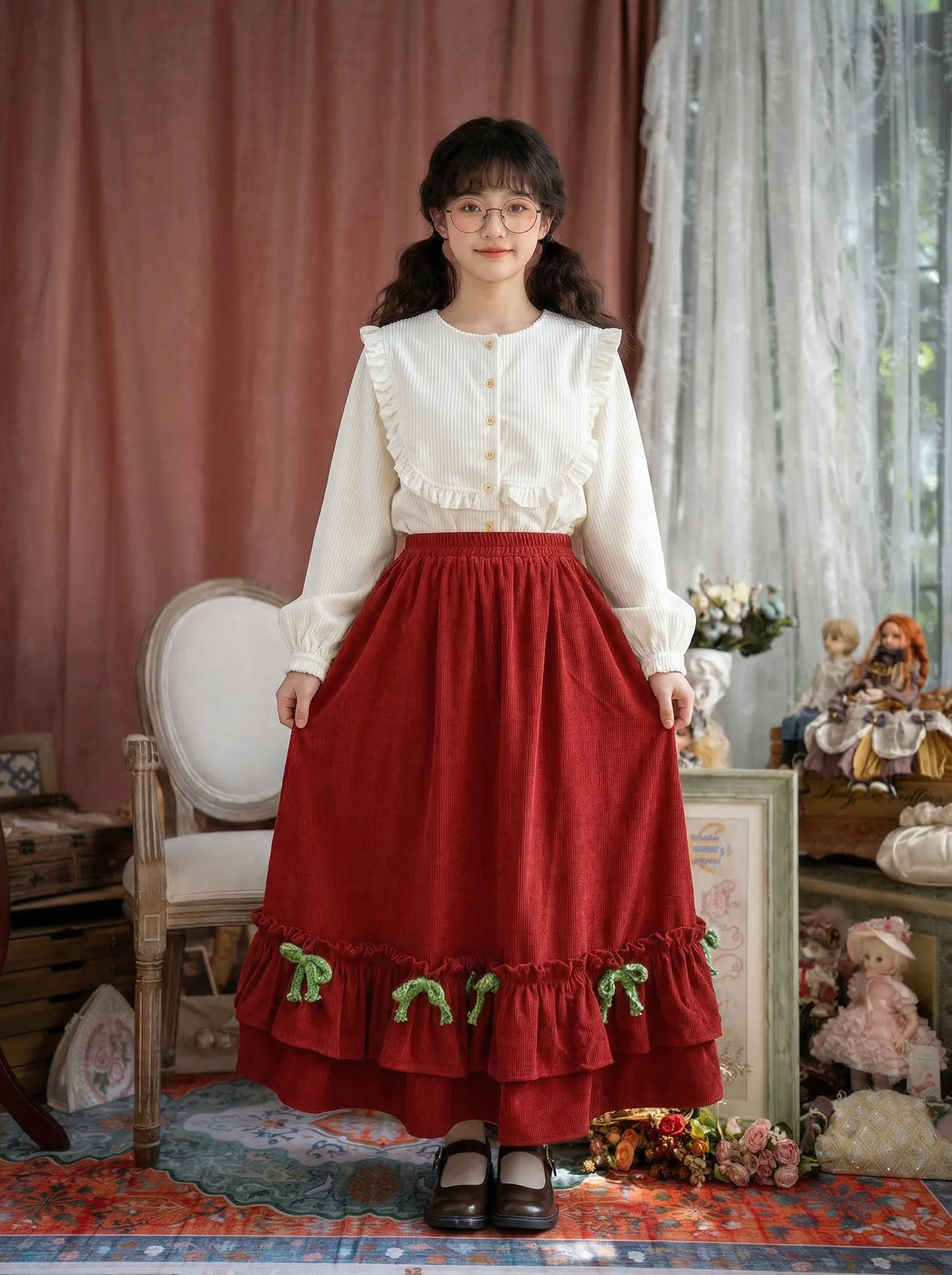 

Красная юбка Pinkwink с высокой талией и эластичным поясом, женская винтажная длинная юбка с оборками и узлом, новогодняя мода