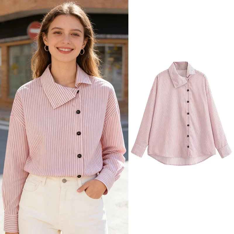 

Женская рубашка 2026: Новая модная весенне-летняя розовая рубашка с длинным рукавом в полоску, с воротником, для женщин, повседневная, шикарная, индивидуальная, женский топ