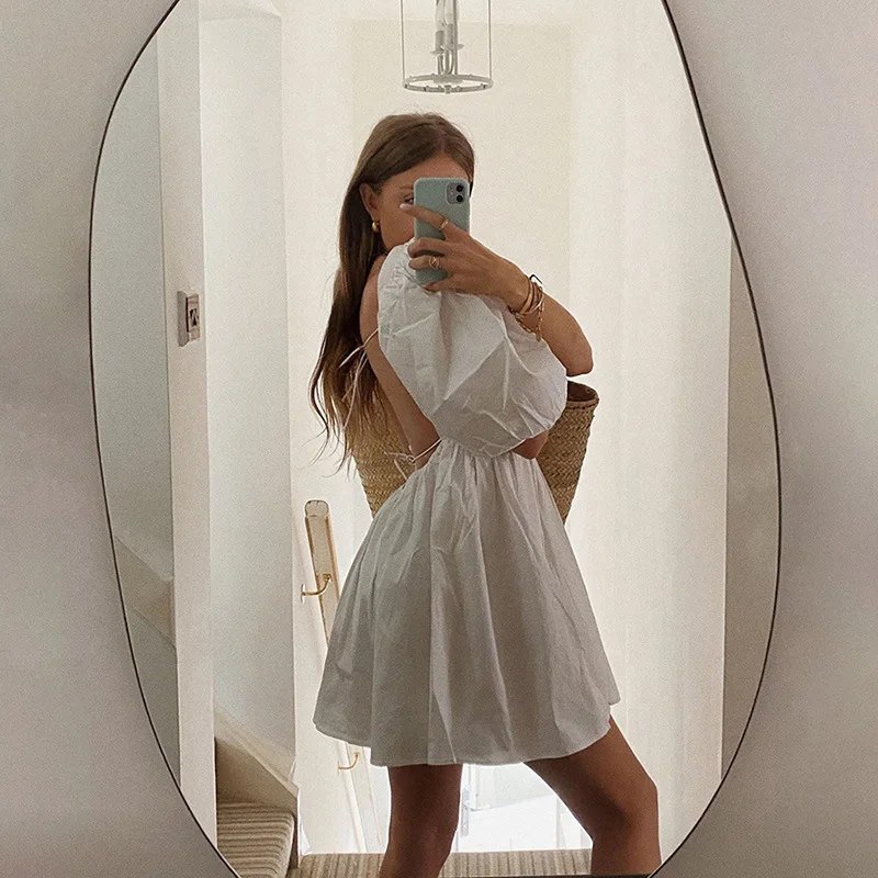 

Elegant Summer White Fairy Dress Women Fashion Slash Neck Backless Casual Solid Mini Dresses 2023 Party Beach Vacation Vestidos