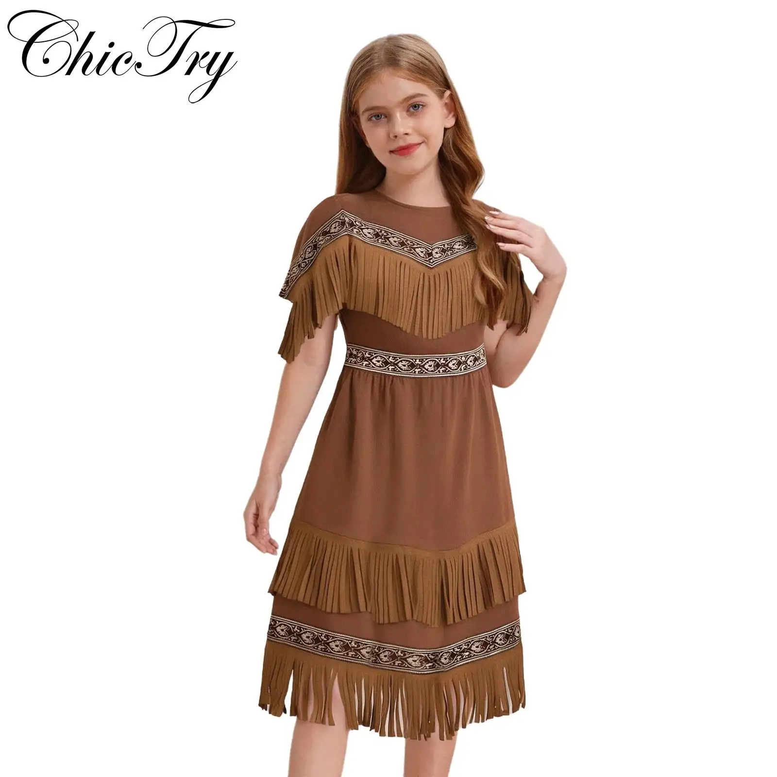 

Kids Girls Native Cosplay Costume Halloween Carnival Themed Party Roleplay Dress Short Sleeves Fringes Double Layers Tassels Hem