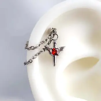 不銹鋼紅色鋯石翅膀穿孔耳環,男女通用,哥德銀色鉚釘耳骨釘耳環,Y2K風格飾品 10 最佳銷售 歌德式穿孔 - №6