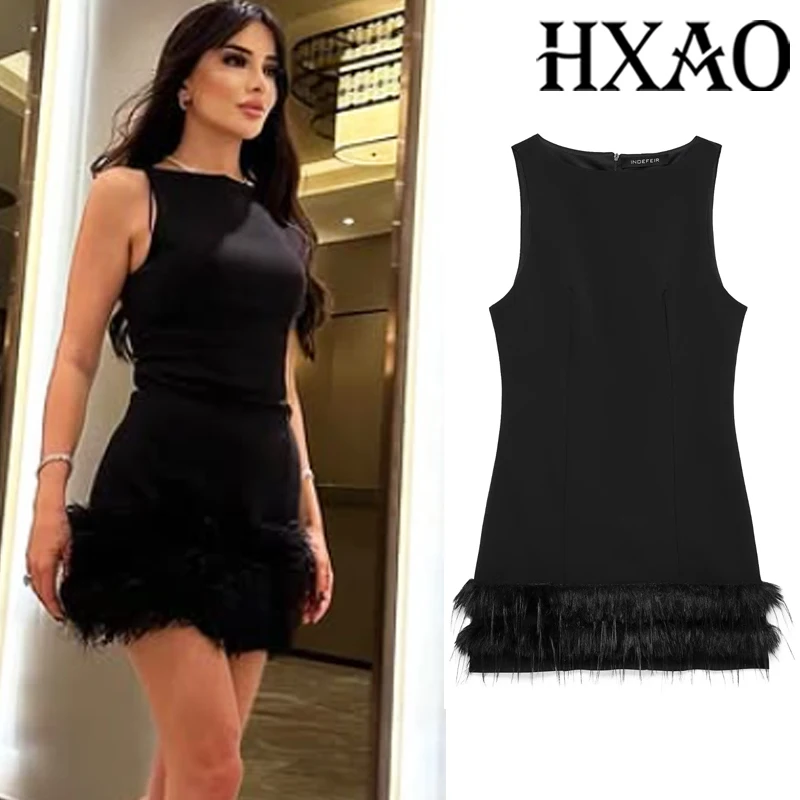 HXAO Schwarzes Damenkleid, ärmellos, mit Federn, kurze Kleider, Sommer, elegante Partykleider, figurbetontes Luxus-Tank-Minikleid