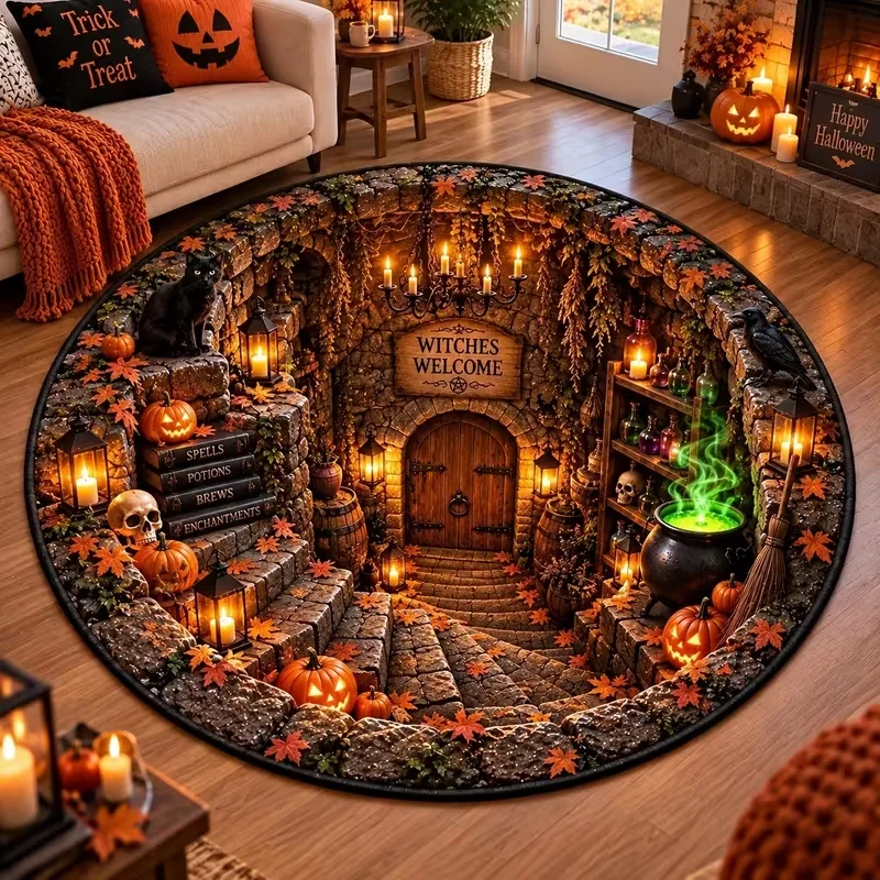 Round Halloween 3D Cave Visual Area Rug, Witch Tavern Pumpkin Crow Skull Potion Bottle Print Decorative Floor Rug