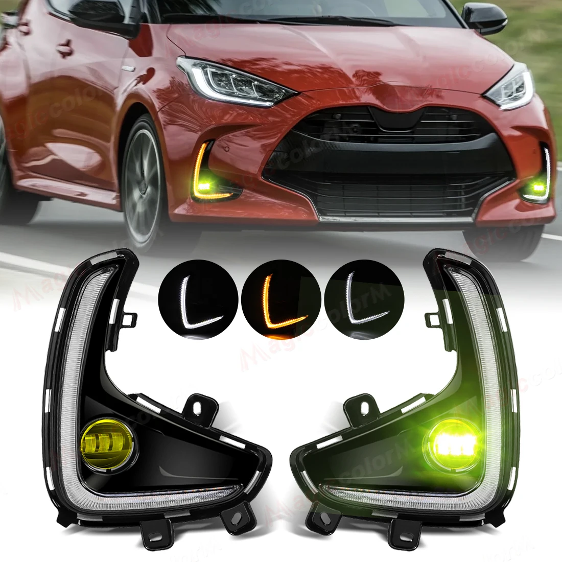 Car LED Daytime Running Light For Toyota Yaris Vios 2020 2021 2022 Fog Light Dynamic Turn Signal Lamp Yellow White Headlight 12V