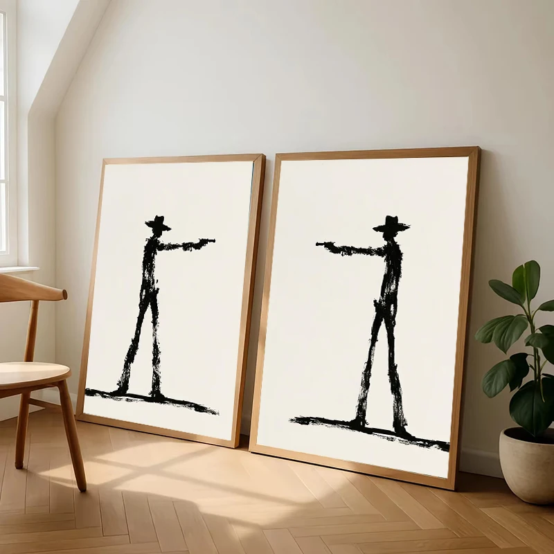 Vintage Black Ink Line Art Western Cowboy Duel Wall  Poster Print,Canvas Painting Minimalist Rustic Ranch House Decor