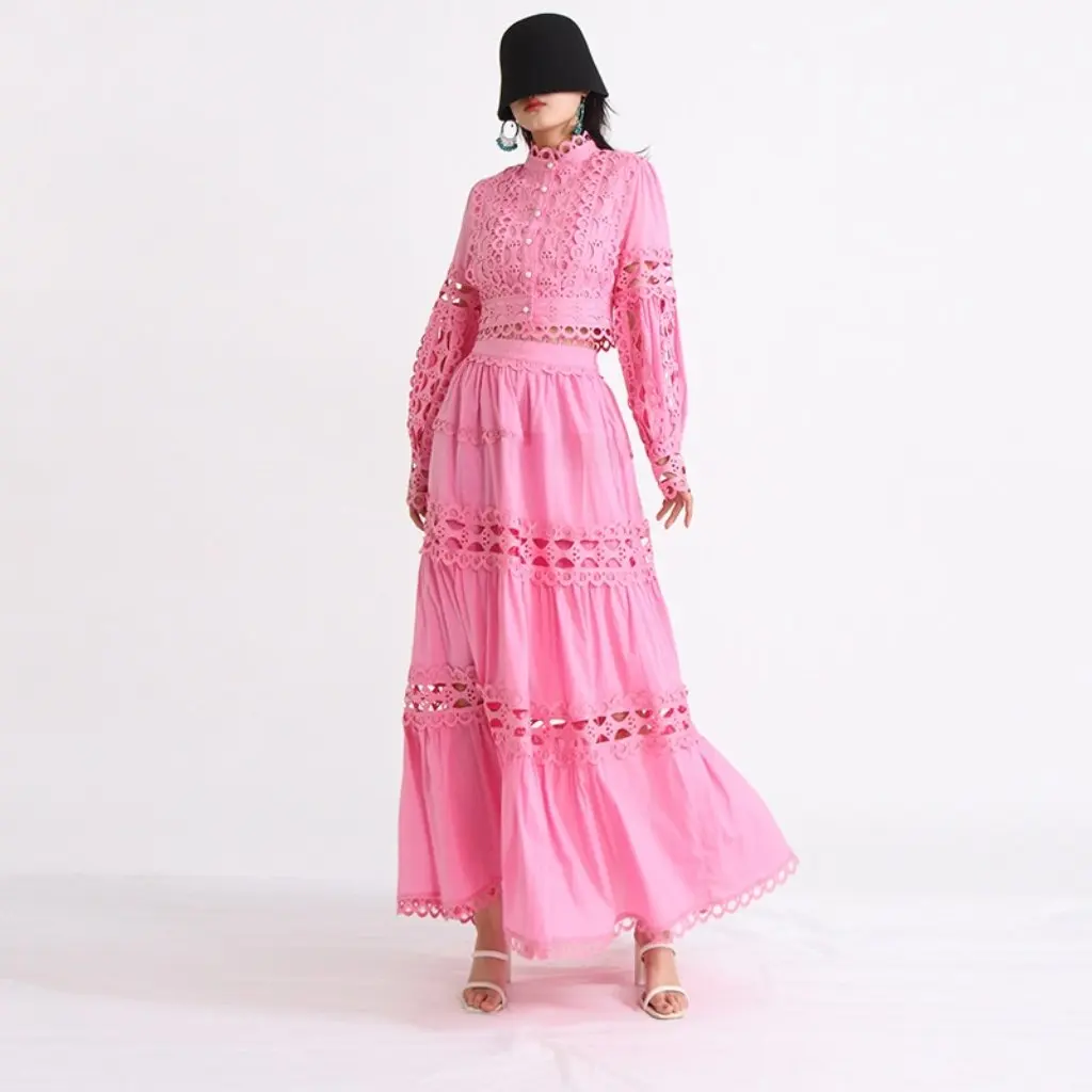 

Женский комплект из двух предметов во французском стиле ретро, топ с кружевным воротником и вырезом, юбка с высокой талией, модные осенние новые поступления