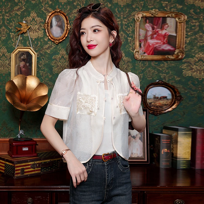 Fashion Short Sleeve Women Shirt Embroidery Stand Collar Chiffon Shirt Blouse Women Tops Blusas Mujer De Moda 2024 Verano H648