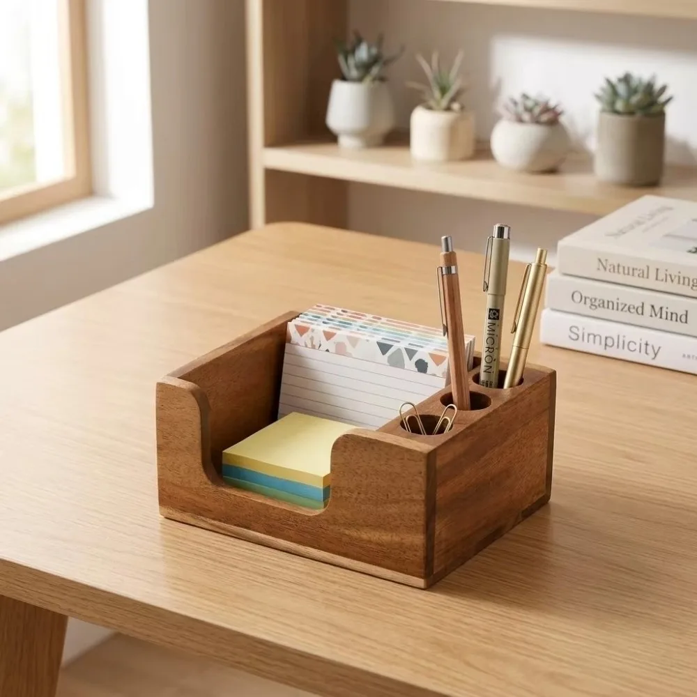 Solid Wood Wooden Desk Organizer Eco-Friendly Finish 3 Pen Holders Desk Organizer Pen Holder Smooth Surface Office Storage Box