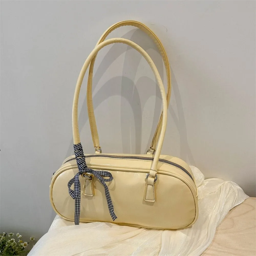 

Korean Style Ribbons Bowling Bag Large Capacity PU Leather Balletcore Bow Bowler Bag Handbag Underarm Bag