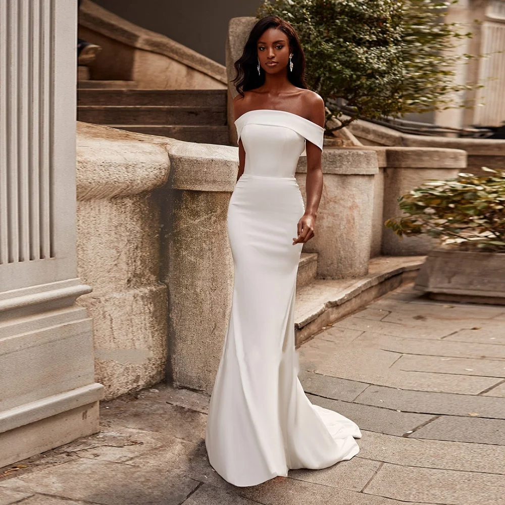 

Simple Satin Mermaid Wedding Dress 2022 Stylish Boat Neck Off The Shoulder Zipper Back Court Train Bridal Gowns Custom Made