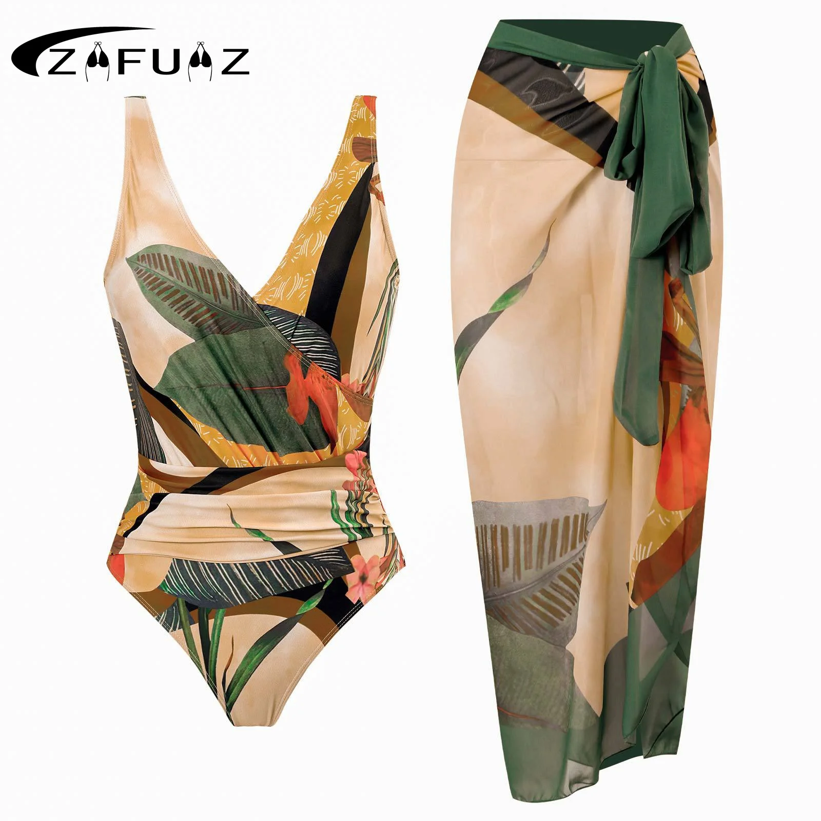 Zafuaz 2024 Vrouwen Badmode Eendelig Zwembroek Rok Monokini Vintage Cover Up Bikini Set Push-Up Print Strandjurk Badpak