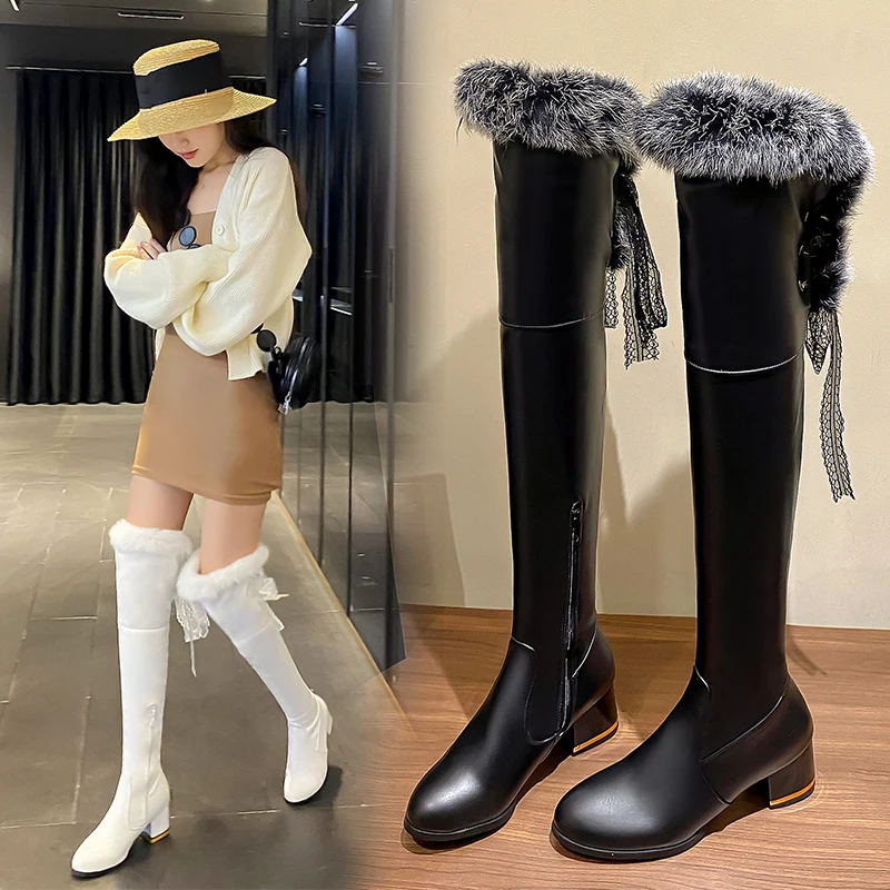 YQBTDL Fashion Fur High Boots Pumps Women 2022 Winter Over The Knee Warm Botas Mujer Zipper High Heels Party Pumps Shoes Ladies