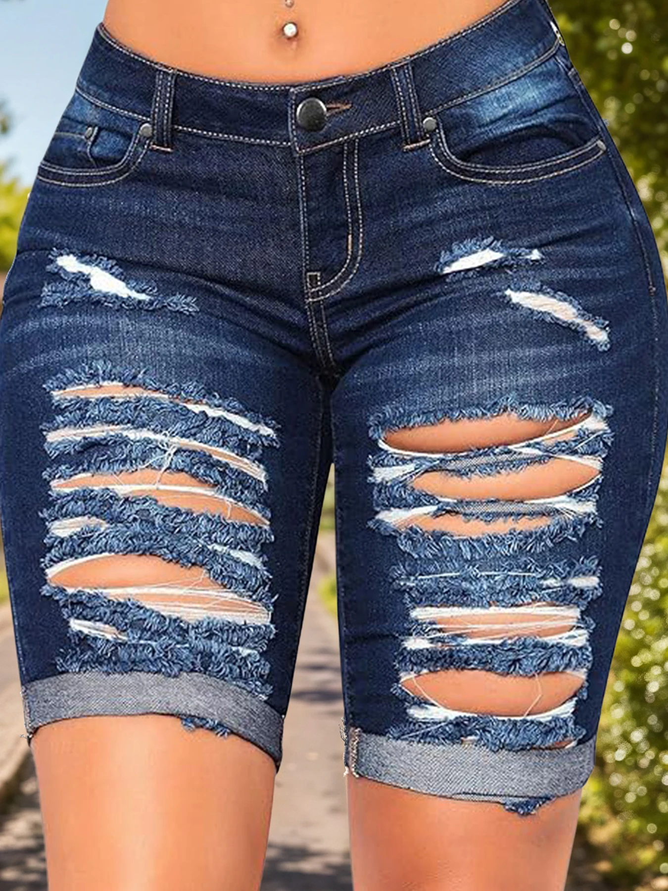 

Women's Mid Waist Elastic Ripped Denim Shorts, Slanted Pockets, Rollable Hem, Vintage Washed Blue Jeans, Women's Summer Clothing