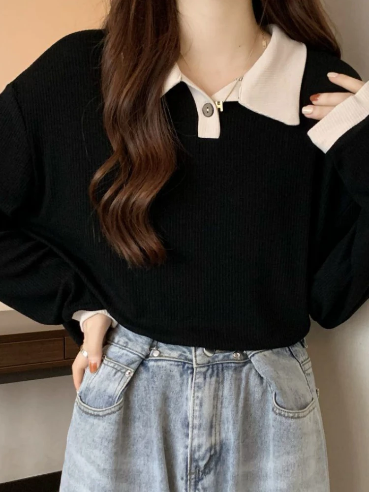 S-5XL Sweaters Women Spring Korean Style Turn-down Collar Button Breathable Soft Cozy Simple Fashion Casual All-match Knitting