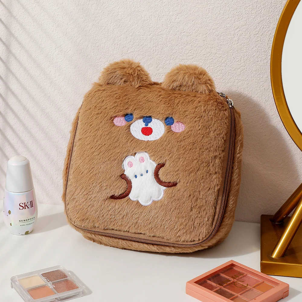 Winter Cartoon Plush Square Makeup Bag for Girls Large Capacity Portable Cosmetic Storage Rabbit Ear Wash Bag Pencil Case