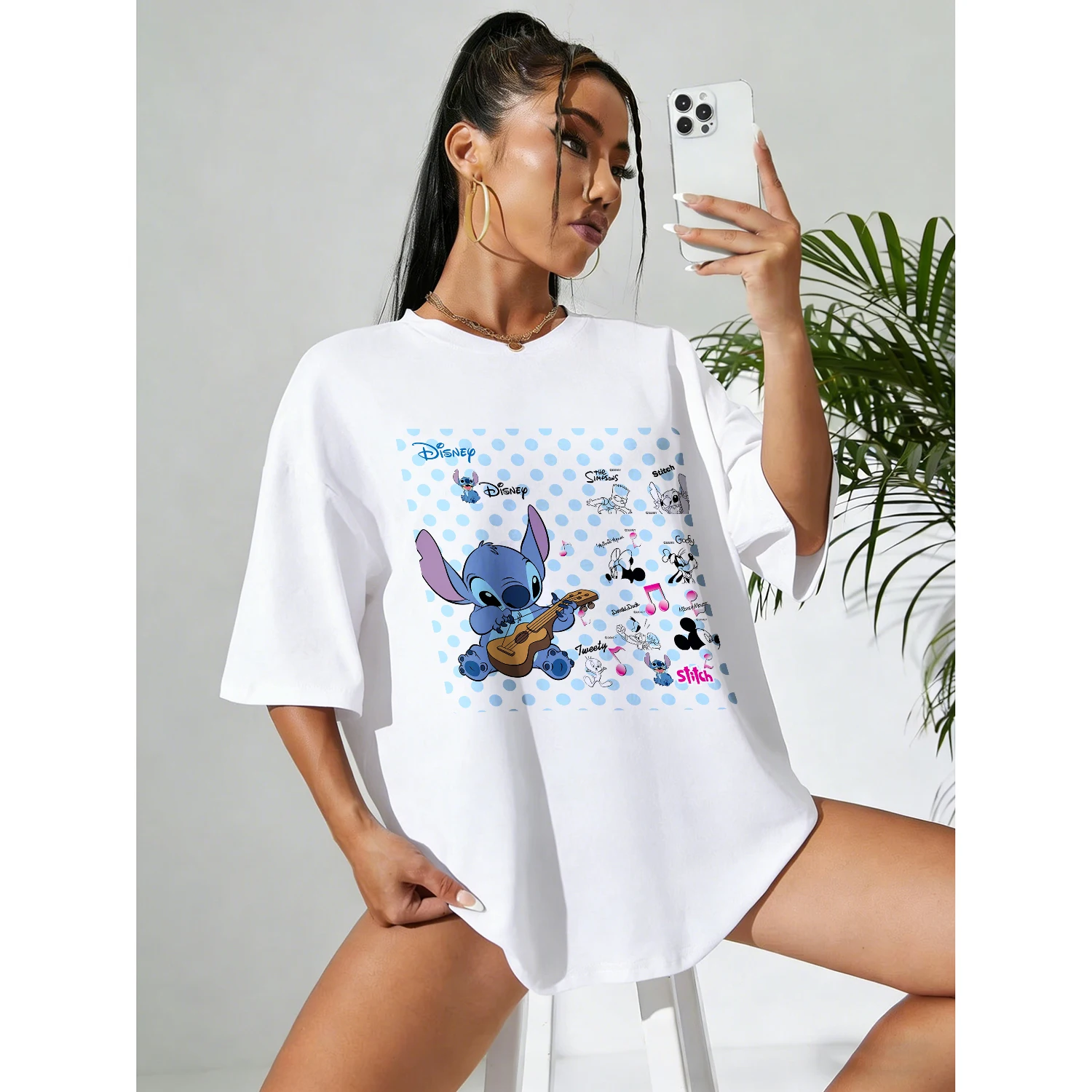 

Disney Summer Star Baby Stitch Retro Polka Dot Cute Style 100% Pure Cotton Printed T-shirt for Men and Women Casual Tops