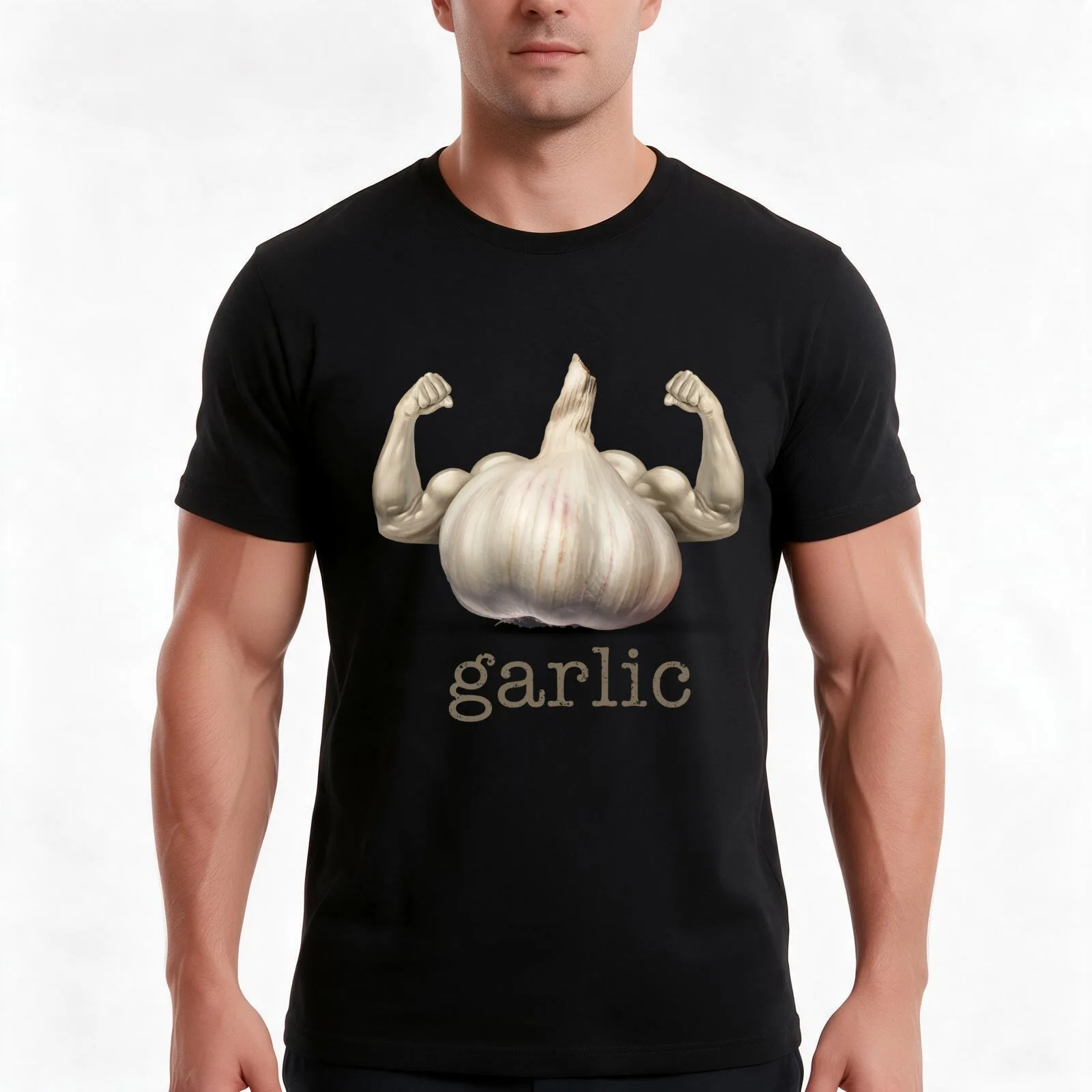 Garlic power concept as a flavorful delicious medicinal healthy food ingredient T-Shirt, Summer Casual Cotton Tee, 100% Cotton