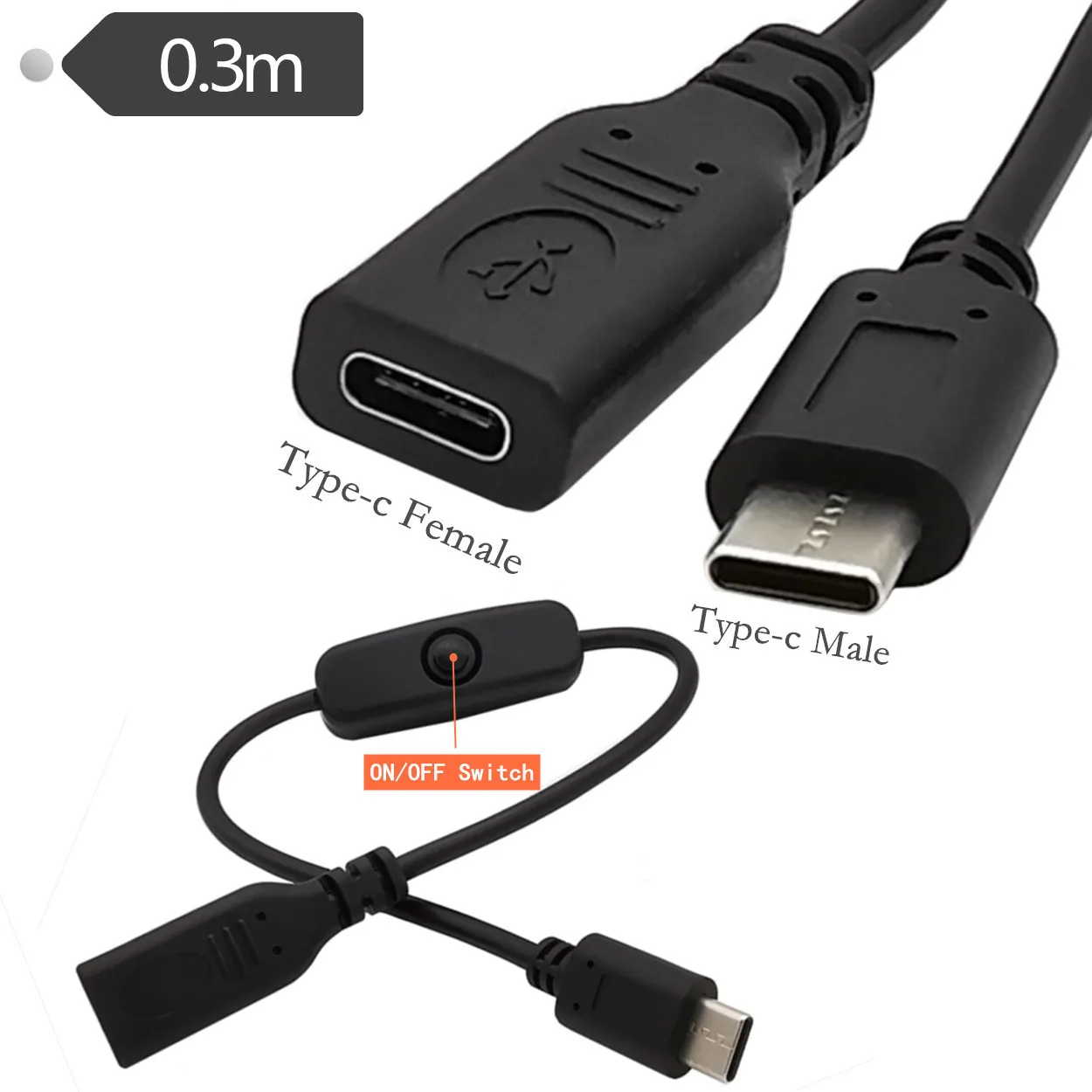 Type-c male-to-female USB cable with on / off switch, c-type USB 3.1 extended push-in key switch cable  0.3m