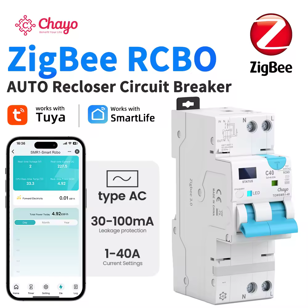 Interruptor Diferencial Inteligente Ajustable Tipo AC ZigBee RCBO con Protección Contra Sobrecorriente y Fugas Chayo