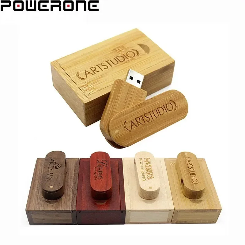 POWERONE (Free Custom Logo) Wooden USB Flash Drives 64GB Rotation USB + Box Pendrive 32GB Photography USB 2.0 Memory Stick 16GB