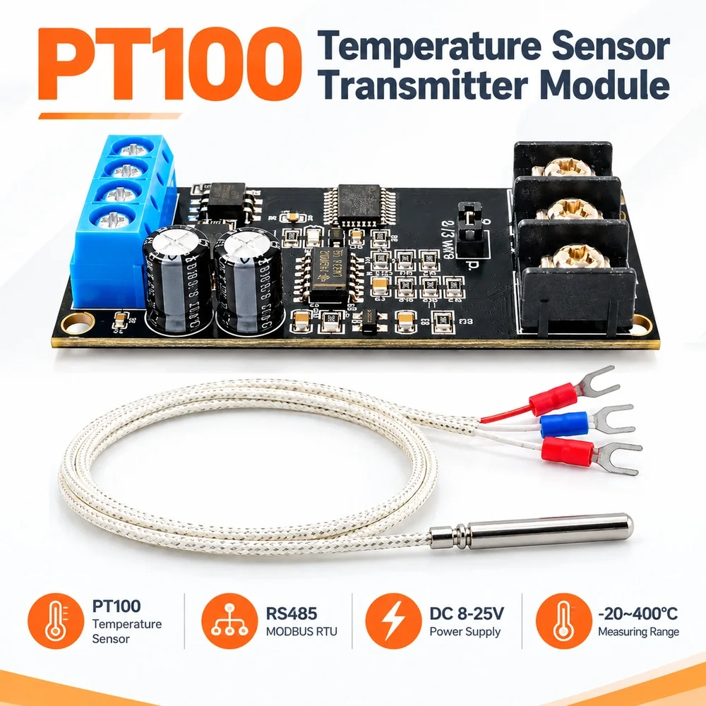 PT100 Temperature Sensor Transmitter Module Platinum Thermal Resistor RS485 MODBUS RTU DC8-25V -20-400 Degree Centigrade