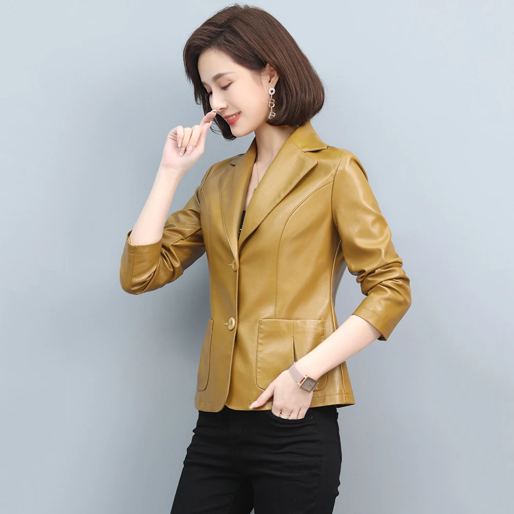 Neue Frauen Frühling Herbst Lederjacke Mode Anzug Kragen lange Ärmel schlank Blazer Elegantes Büro Damen Kurzmantel Spaltleder