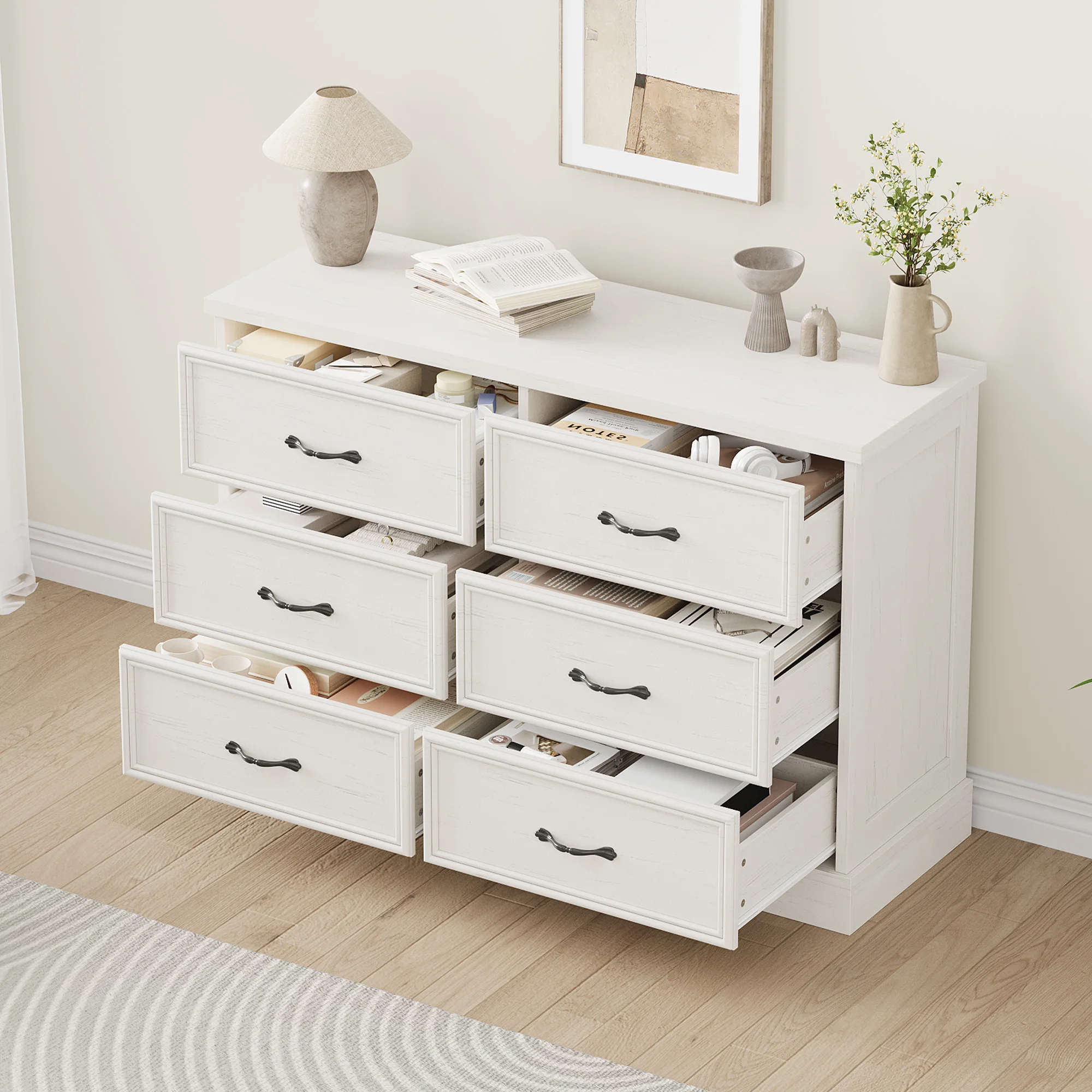 GAOMON  6 Drawer Dresser for Bedroom Antique White American Style Wide Chest of Drawers Horizontal Storage Organizer Large TV Stand Living Room Hallway Entryway Closet Farmhouse Furniture