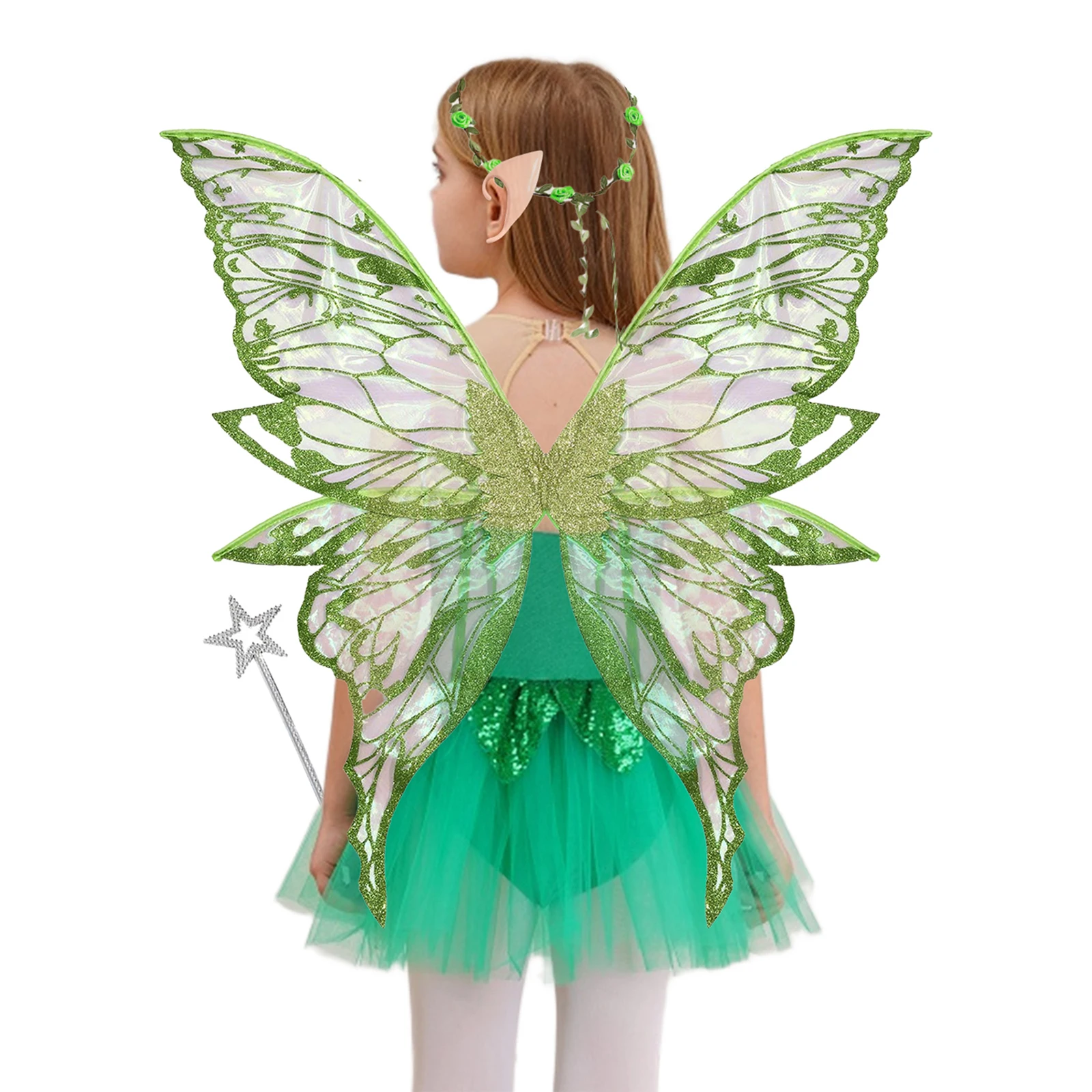 Kids Girls Butterfly Fairy Elf Cosplay Costume Sequins Mesh Tutu Dress with Wings Ears Magic Wand Garland for Halloween Carnival