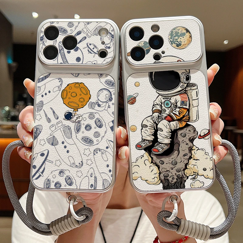 Matte Leather Texture Phone Case For iPhone 17 16 15 14 13 Pro Max Cartoon Astronaut Pattern Wrist Strap Lanyard Soft TPU Cover view 2