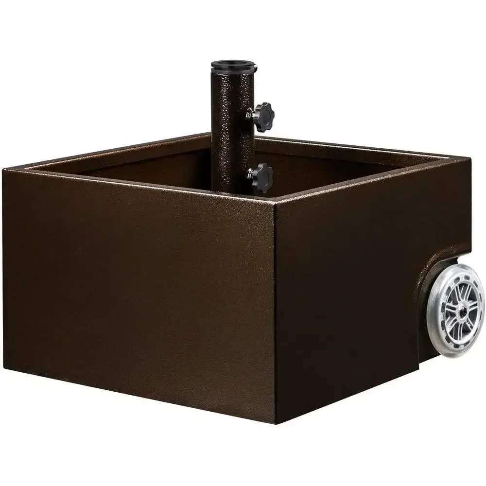 Portable 150lb Capacity Metal Umbrella Stand with Wheels, Outdoor Patio Holder, Drainage Hole, Adjustable Knobs, Brown