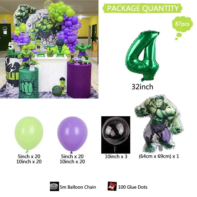 87Pcs Disney Incredible Hulk Theme Balloon Kit Green Number 1-9th Foil Ball Boy Birthday Baby Shower Party Decoration Supplies