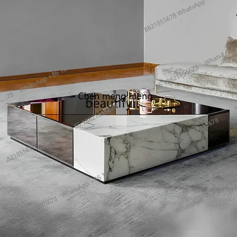 D178 Square Coffee Table Minimalist Modern Design Marble Coffee Table Silver Mirror Edge Glass Tea Table