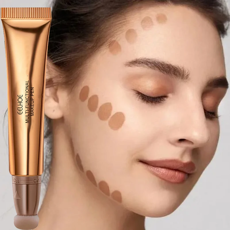 Waterproof Shimmer Contouring Highlighter Cheek Blush Liquid Women Face Makeup Lasting Natural Blush Stick with Sponge Cosmetics