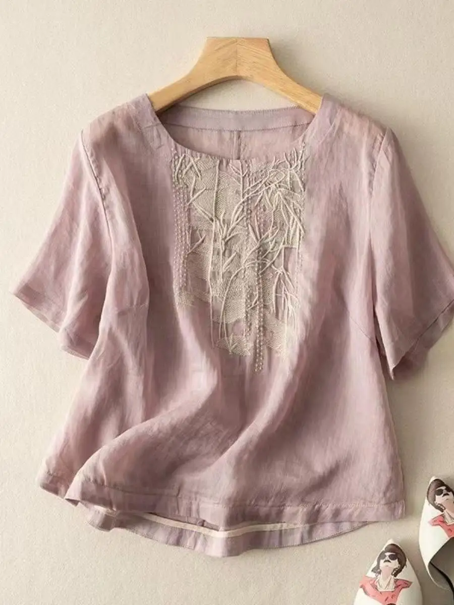 Ladies Cotton Linen Short Sleeve T-Shirt Loose Fashionable Ageless Summer Top Mom's Shirt Quality Upper Apparel Daily Wear