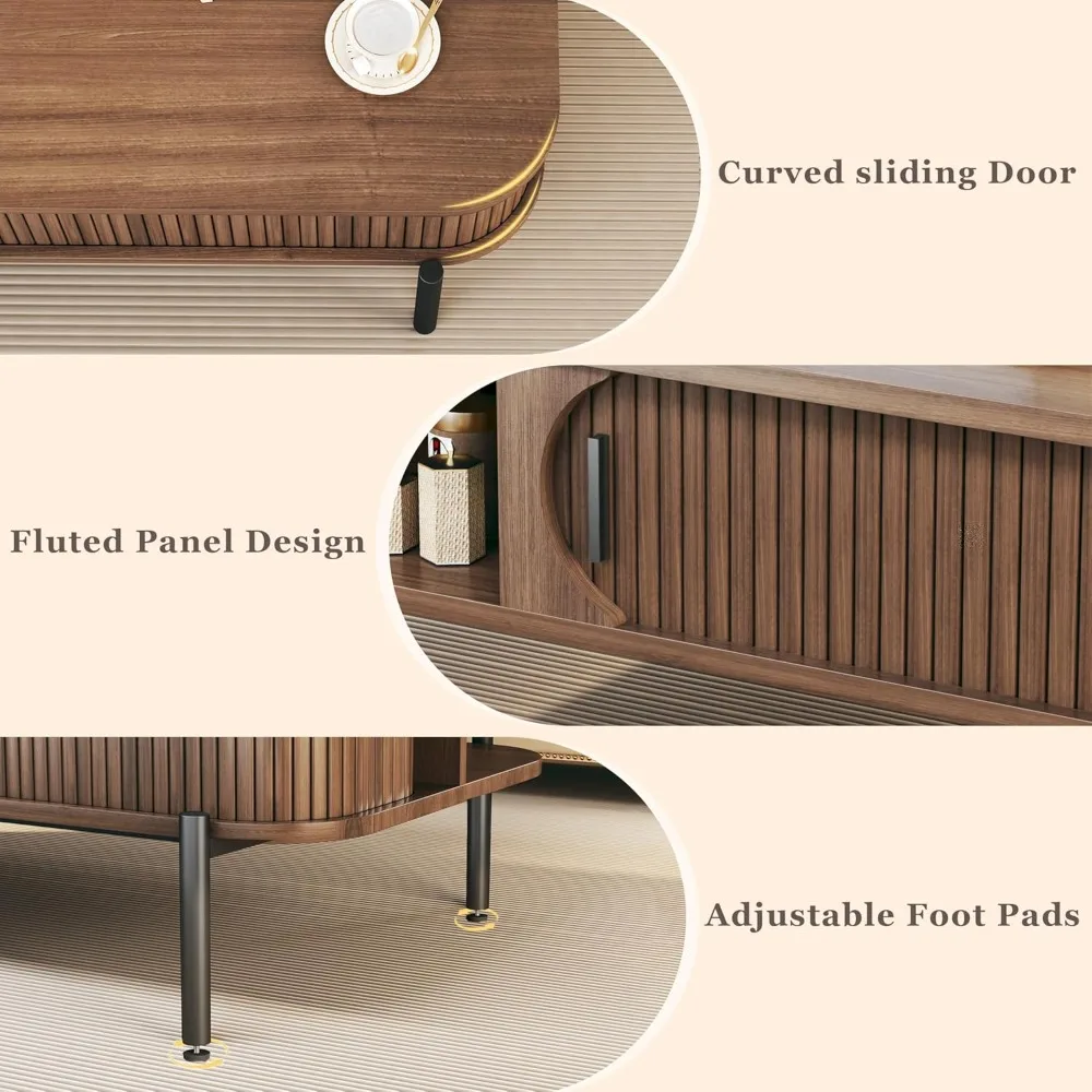 Coffee Table, 47.2 Mid Century Modern Coffee Tables for Living Room, Coffee Table with Storage Open Shelf, Fluted Table