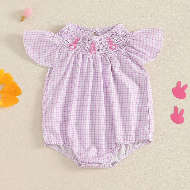 Newborn Baby Girls Easter Rompers Bunny Embroidery Plaid Pattern Flying Sleeve Smocked Crew Neck Newborn Jumpsuits Clothing