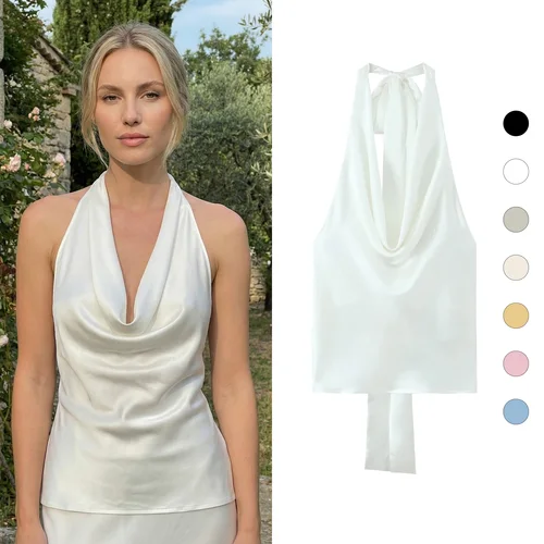 Imagen 1 del producto EDSA Top Halter de satén para mujer con lazo ajustable, sin mangas, espalda abierta, chaleco con cuello sólido, blusa informal estilo playa de verano