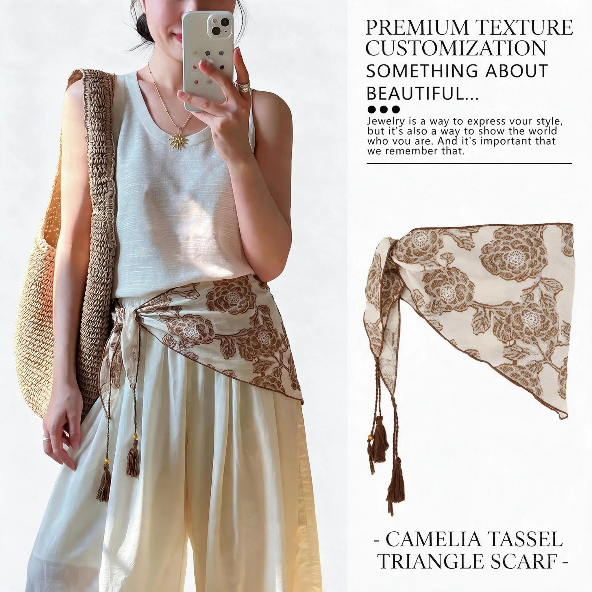 Vintage Camellia Print Beaded Tassel Triangle Scarf Belt Lightweight Stylish Waistwear For Women Daily Casual Wear Beige Green