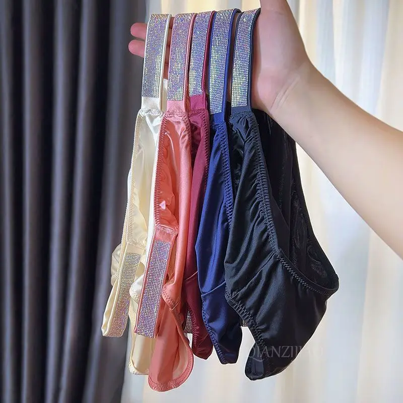 Satin Large Size Underwear Flash Diamond Belt Soft and Skin-friendly High-value Mid-waist Briefs Hip Wrap Panties.[High Quality]