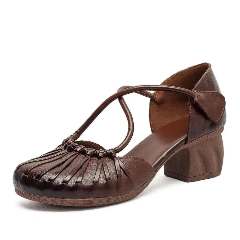 DRKANOL Fashion Women High Heel Sandals Summer Round Toe Shoes Retro Style Cross Straps Genuine Cow Leather Thick Heel Sandals