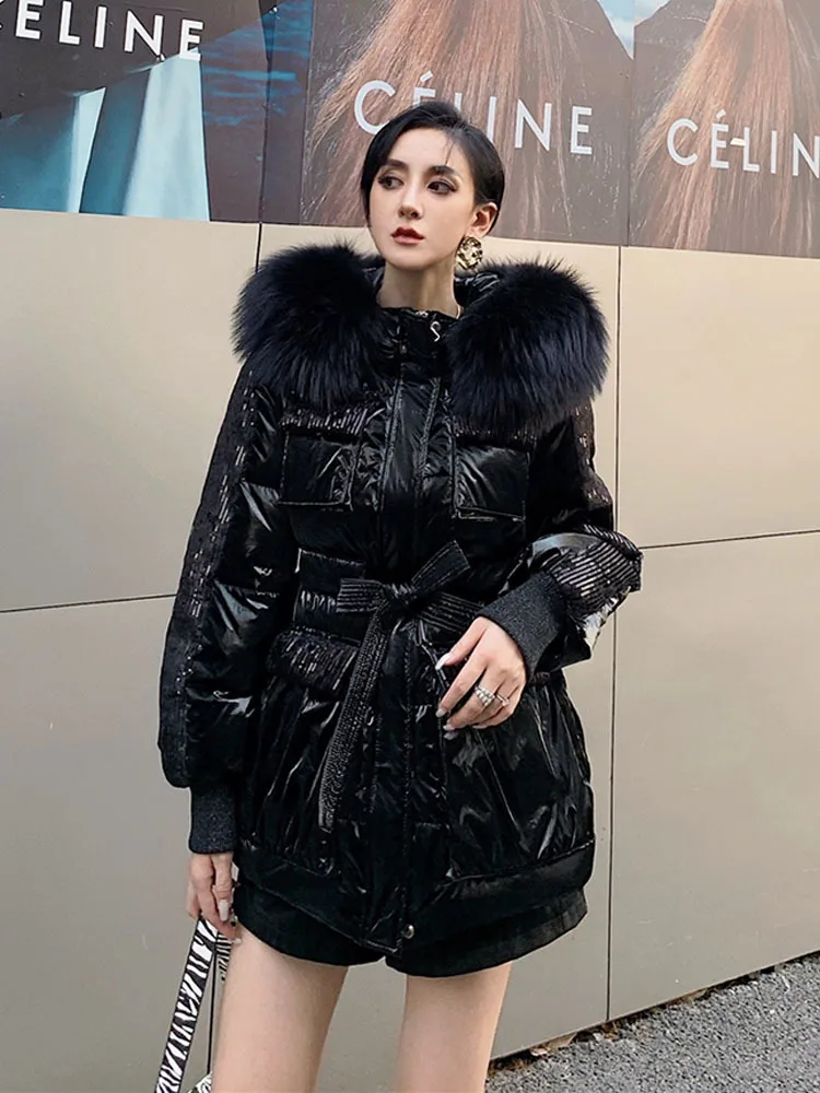 Imagem -04 - Jaqueta de Puffer Prateada Feminina Lantejoulas Brilhantes Grande Colarinho de Pele de Guaxinim Sobretudo Feminino Moda Inverno Novo 2023