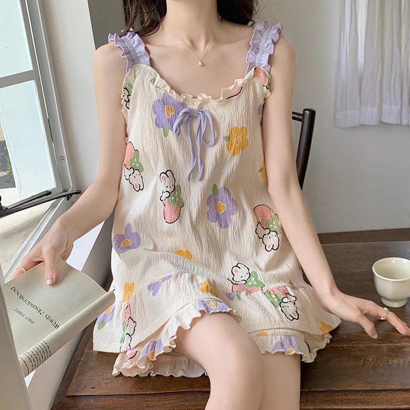 

Suspender Tops+Shorts 2Pcs Home Pajamas Set For Women Summer New Printed Pullover Nightgown Sweet Ruffled Edge Night-clothes