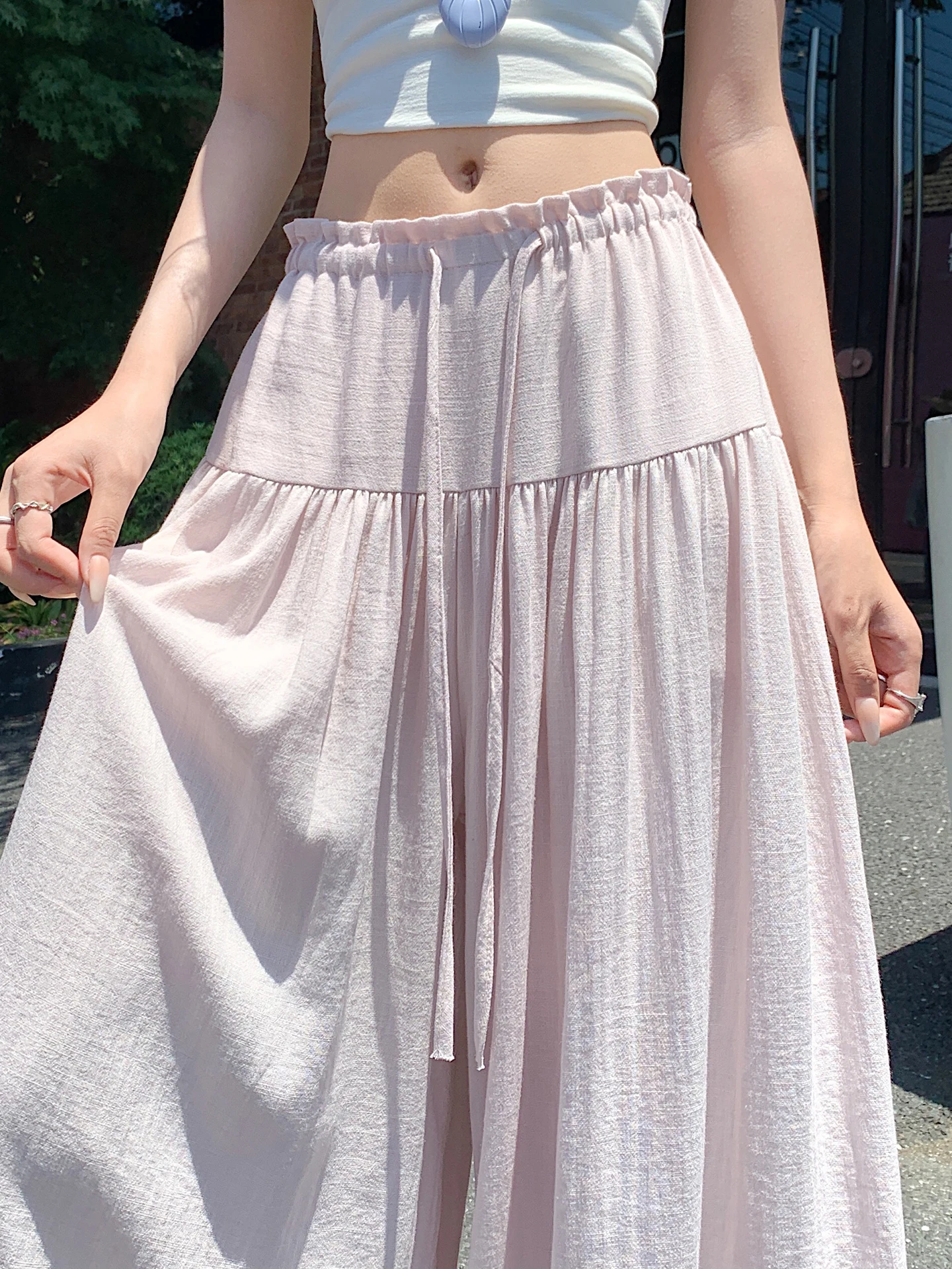 

Pink Ice Silk Linen Skort Women Summer Loose Korean Style Thin Pants Lazy Casual Pants Sembach Wide Leg Draping Pants