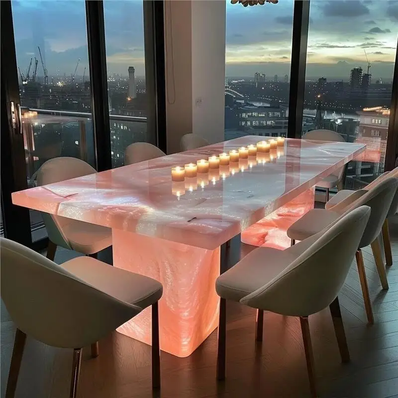 Luminous jade dining table Natural luxury stone rectangular pink island white jade light luxury high-end marble dining table