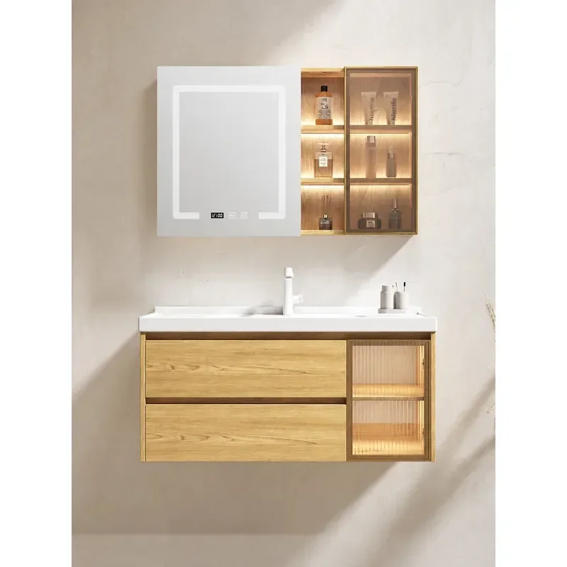 Orofen Log Color Smart Bathroom Cabinet with Ceramic Integrated Basin Toilet and Face Washstand Combination
