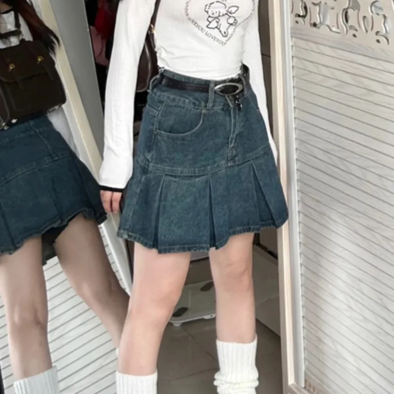 Solid Mini Skirts Women Summer Students Retro Pleated High Waist A-line Denim Korean Style Casual All-match Young Streetwear Y2k