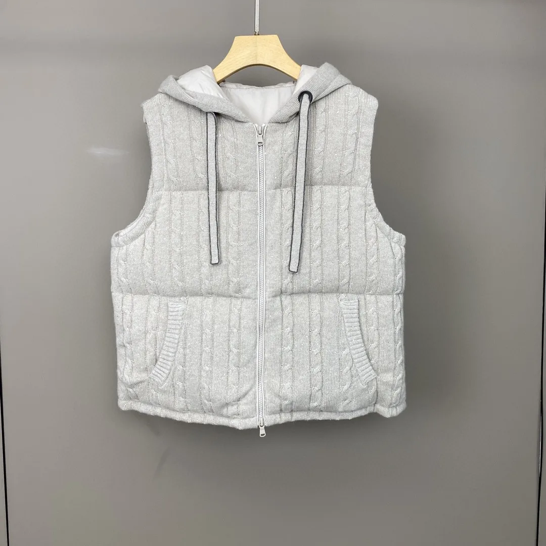 Autumn Winter Women Beaded Down Vest Sleeveless Solid Color Fashion Female Hooded Jacket