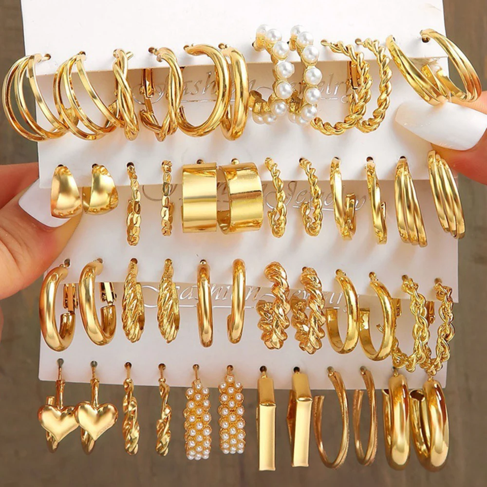 48 PCS/set Pearl Twist Hoop Earrings Set Metal Heart 2024 Fashion Trend Women Jewelry Party Dating Gifts Daily Wear Accessories